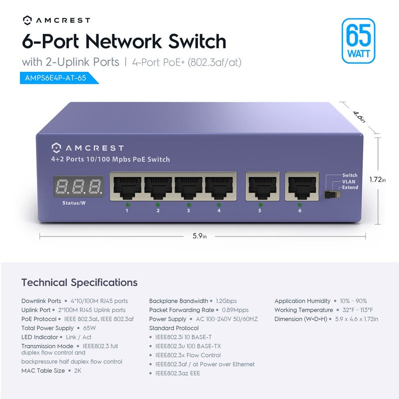 Amcrest 6-Port POE+ Power Over Ethernet Switch with Metal Housing, 4-Ports POE+ 802.3at 65W - Image 4